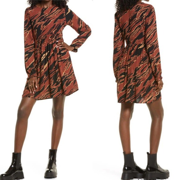 bp Dresses & Skirts - BP Nordstrom NWT Long Slv Fit Flare A Line Dress Brown Print Casual Sz 2XS XXS